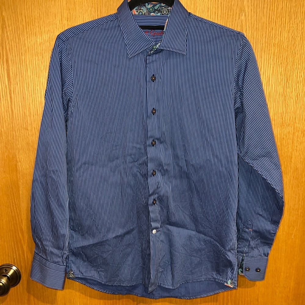 Robert Graham Button Down Shirt Kids 14 Blue Striped Paisley Long Sleeve